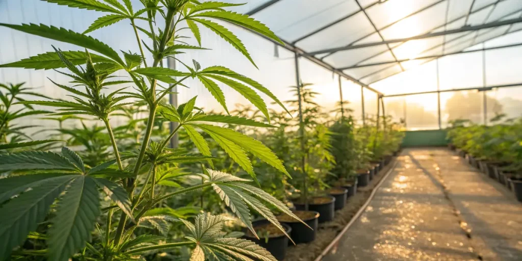 Plantes de cannabis cultivées en serre avec lumière naturelle au coucher du soleil