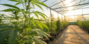 Plantes de cannabis cultivées en serre avec lumière naturelle au coucher du soleil