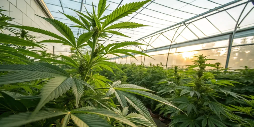 Des plants de cannabis en pleine croissance sont cultivés dans une serre moderne baignée de lumière naturelle. Cette scène met en avant les conditions optimales de culture, favorisant un développement sain et un rendement élevé.