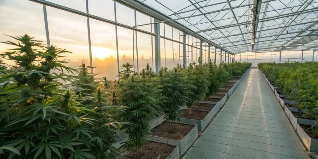 Rangs de plants de cannabis organisés dans une grande serre industrielle