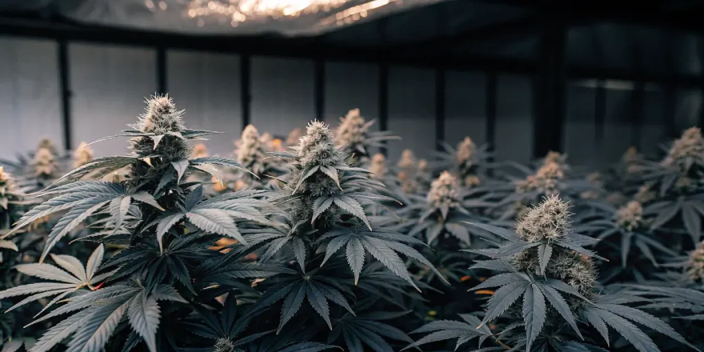 Plantes de cannabis en floraison avec têtes résineuses, cultivées en intérieur sous éclairage horticole.