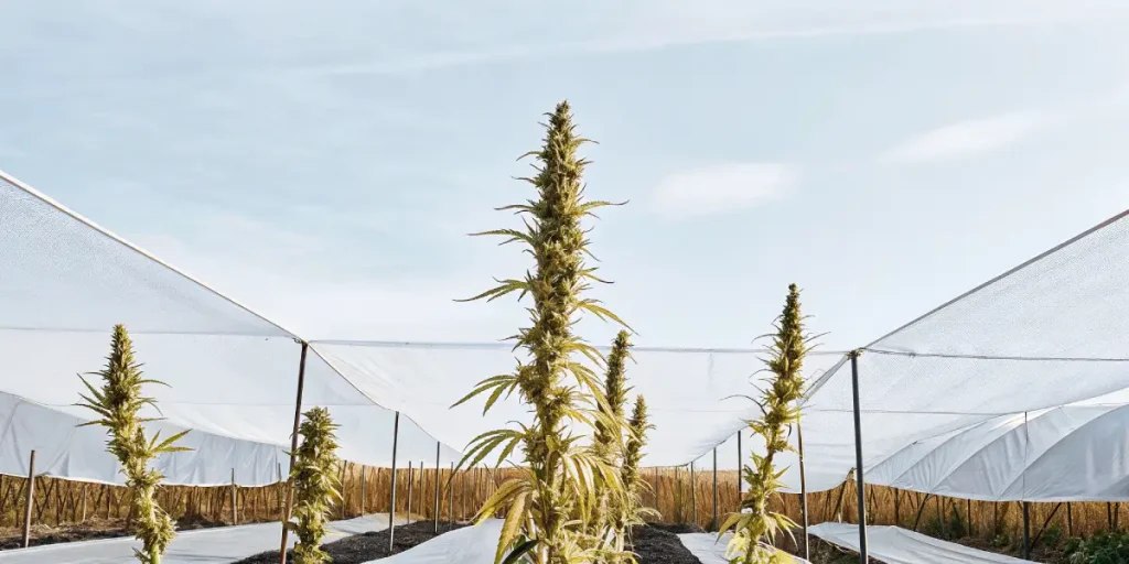 Culture extérieure de cannabis sous filets de protection avec plantes hautes en phase de floraison.