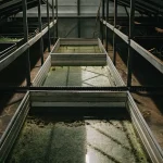 Système hydroponique avec bacs d’eau pour culture de plantes en environnement contrôlé.