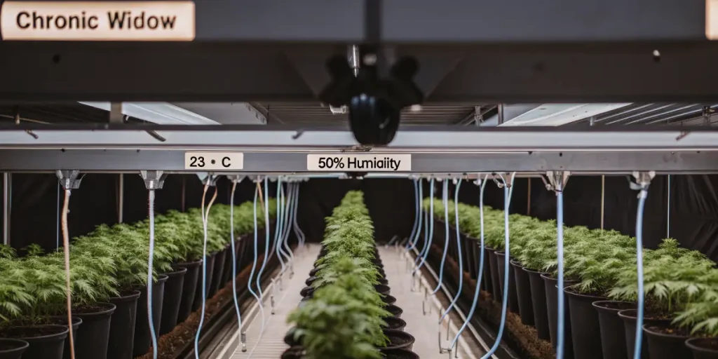 Culture indoor de cannabis avec contrôle précis de l’humidité et de la température dans une installation professionnelle.