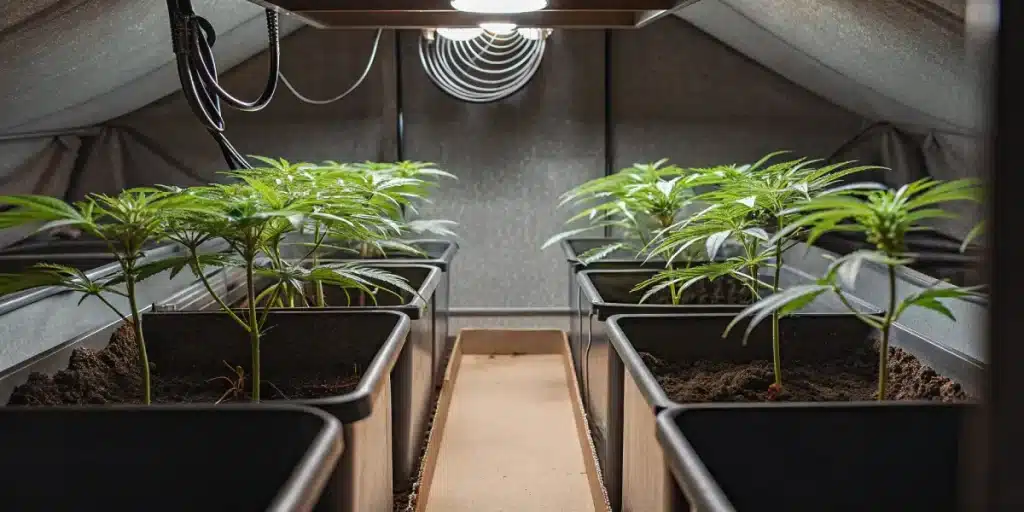 Jeunes plants de cannabis cultivés en intérieur dans des bacs individuels sous éclairage LED et ventilation contrôlée.