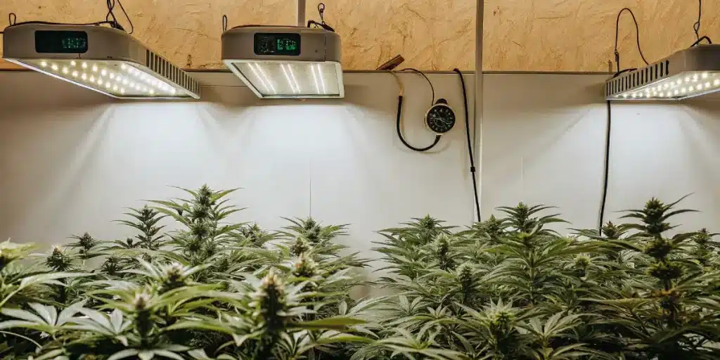 Culture intérieure de cannabis en floraison sous lampes LED horticoles avec canopée dense et éclairage contrôlé.