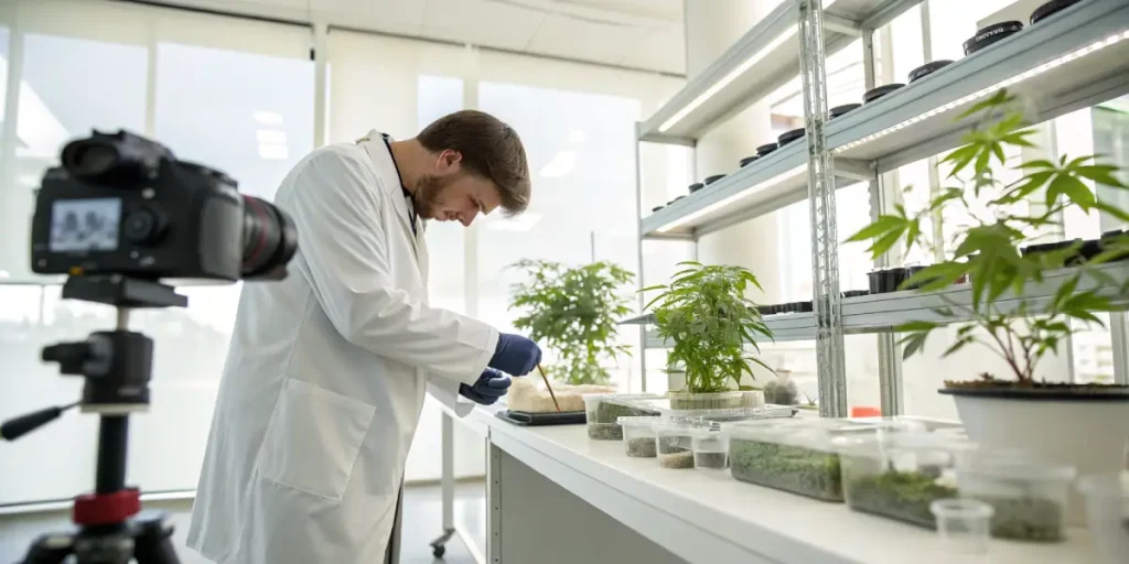 Étude cannabis laboratoire avec scientifique prélevant des échantillons sur plantes en environnement contrôlé