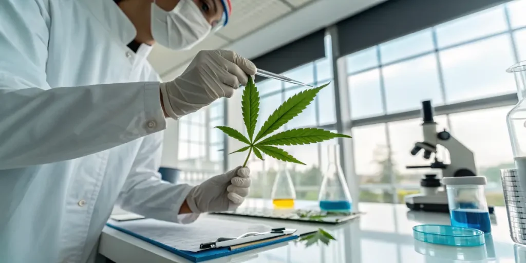 Chercheur étudiant une feuille de cannabis avec une pince dans un laboratoire.