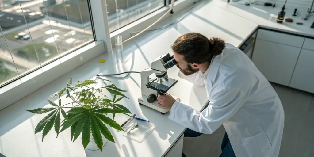 Chercheur observant un échantillon de cannabis au microscope sur une paillasse de laboratoire.