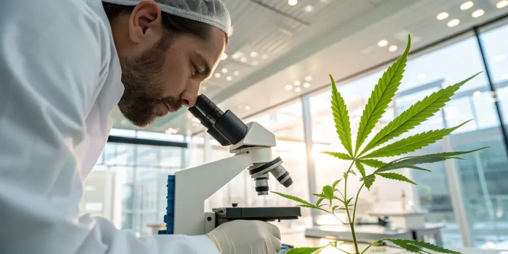 Chercheur étudiant une plante de cannabis au microscope en laboratoire.