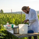 Un spécialiste en blouse blanche prépare un mélange nutritif directement dans un champ de cannabis. Cette image illustre la gestion des nutriments, l’analyse de terrain et les pratiques agricoles avancées en culture extérieure.