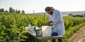 Un spécialiste en blouse blanche prépare un mélange nutritif directement dans un champ de cannabis. Cette image illustre la gestion des nutriments, l’analyse de terrain et les pratiques agricoles avancées en culture extérieure.