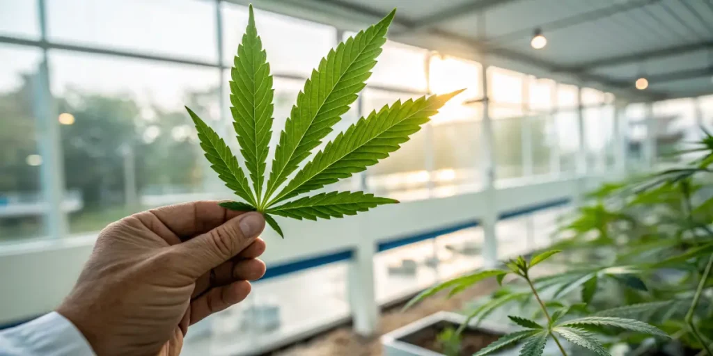 Une main tient une feuille de cannabis bien développée dans un espace de culture lumineux. Cette image met en avant l निरीction visuelle des feuilles pour évaluer la santé et la qualité des plantes.