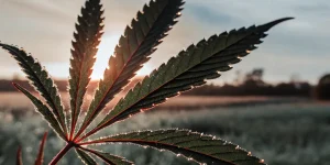 Feuille de cannabis avec gouttelettes de rosée éclairée par le soleil