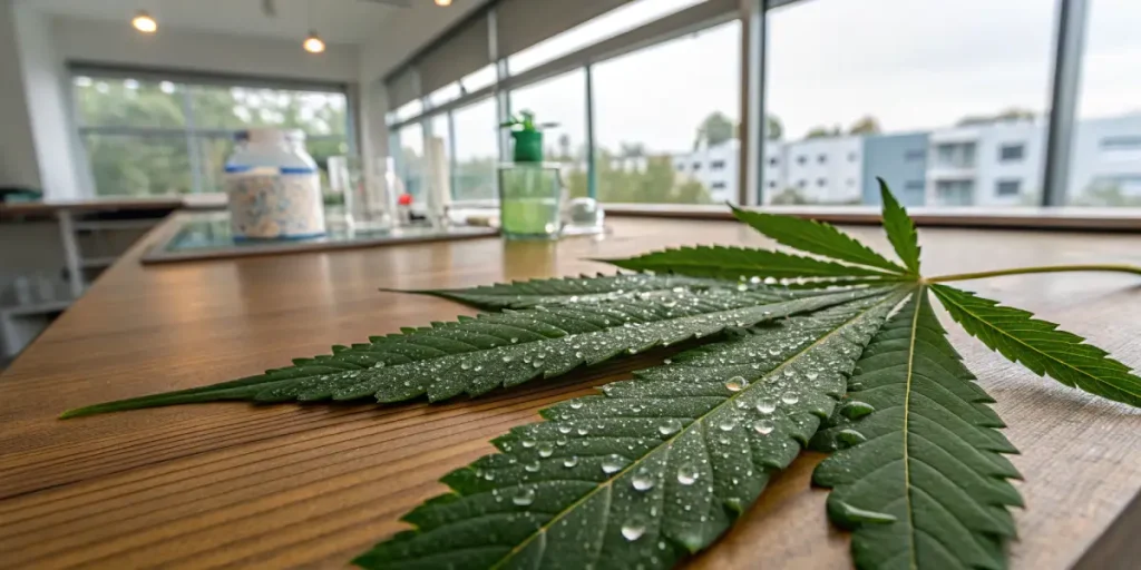 Feuille de cannabis avec des gouttes d’eau sur une table de laboratoire.