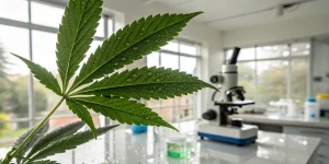 Feuille cannabis gouttes eau en laboratoire avec microscope en arrière-plan