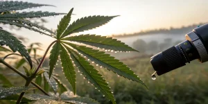 Gros plan sur une feuille de cannabis avec des gouttes d’eau au lever du soleil