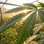 Feuille cannabis gouttes eau serre éclairée par le soleil du matin avec rosée brillante