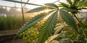 Feuille cannabis gouttes eau serre éclairée par le soleil du matin avec rosée brillante