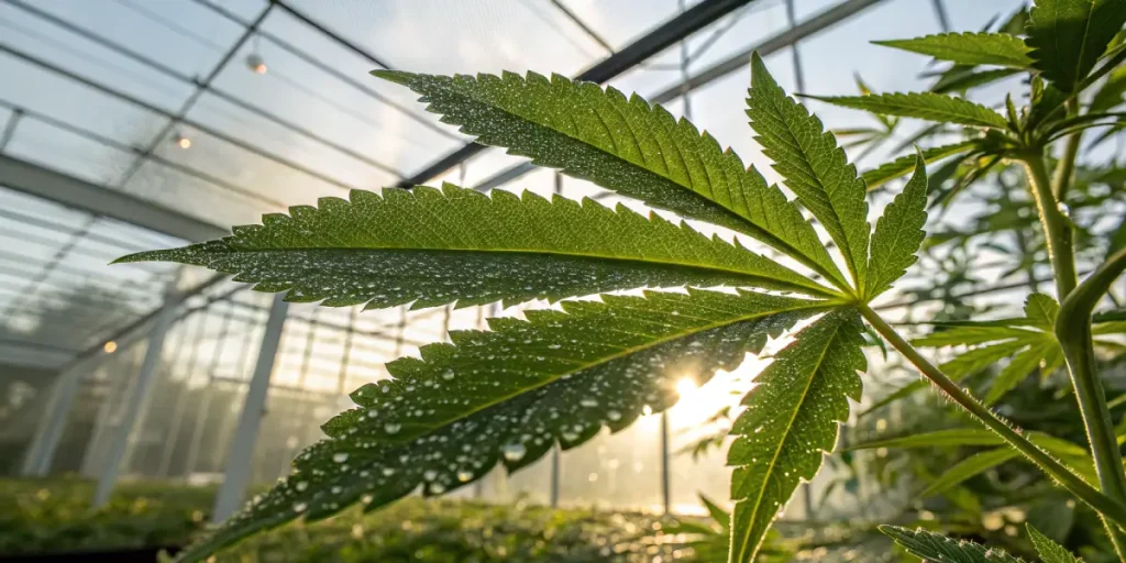 Feuille de cannabis avec gouttes d’eau dans une serre éclairée par le soleil