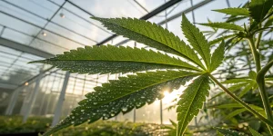 Feuille de cannabis avec gouttes d’eau dans une serre éclairée par le soleil