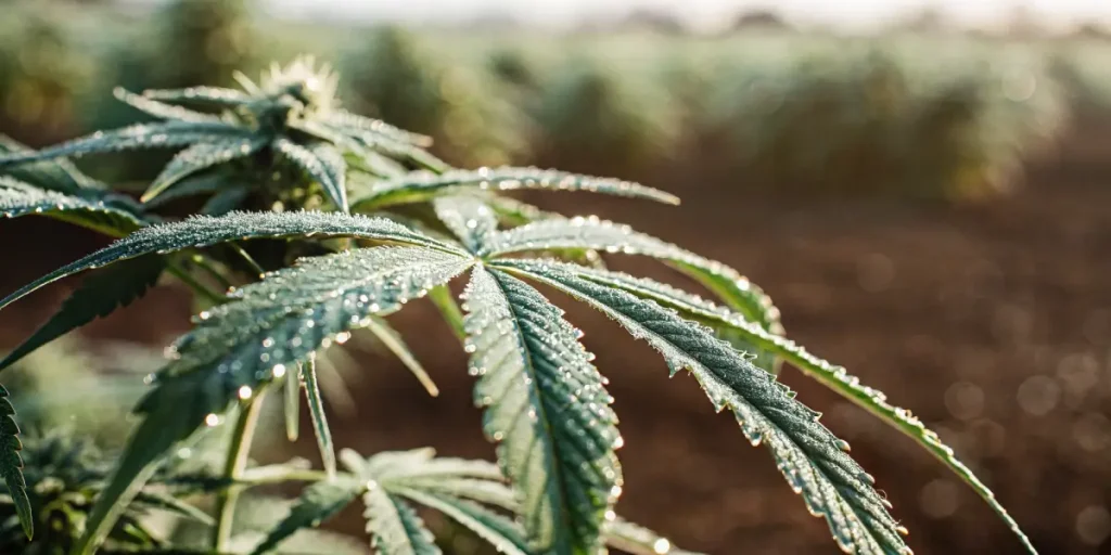 Feuille de cannabis avec rosée matinale dans un champ de culture