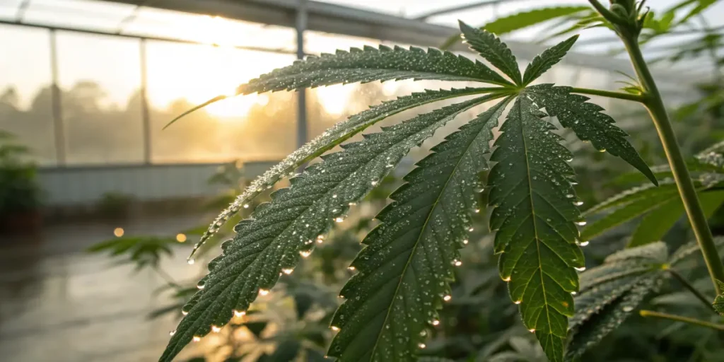 Feuille cannabis rosée serre avec gouttes d’eau scintillantes sous lumière naturelle