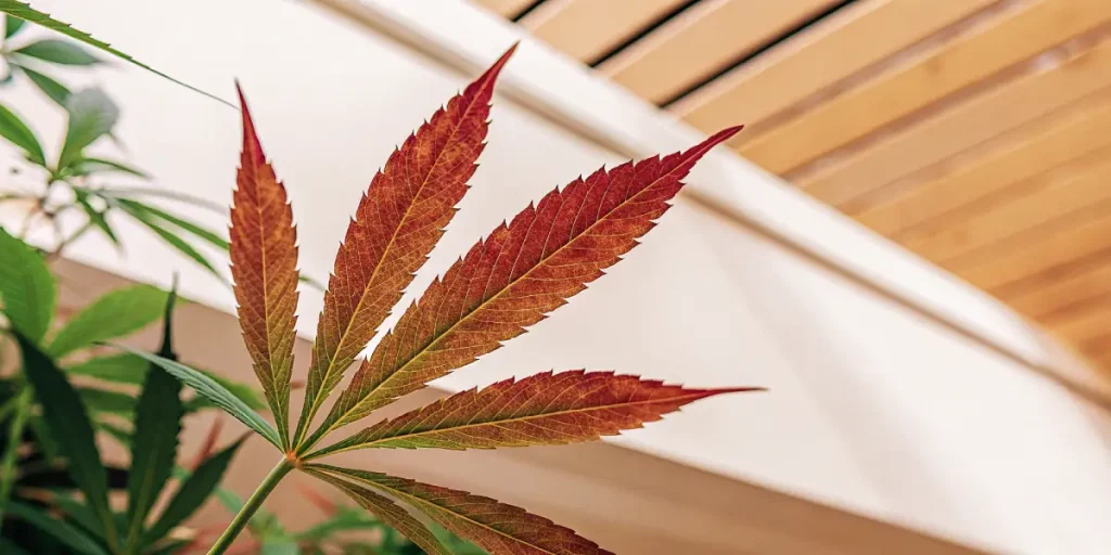 Feuille de cannabis rouge montrant un changement de couleur des feuilles.