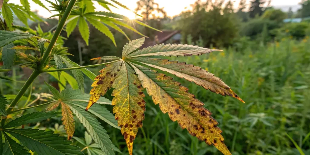 Feuille de cannabis avec des taches brunes indiquant un problème de santé de la plante.