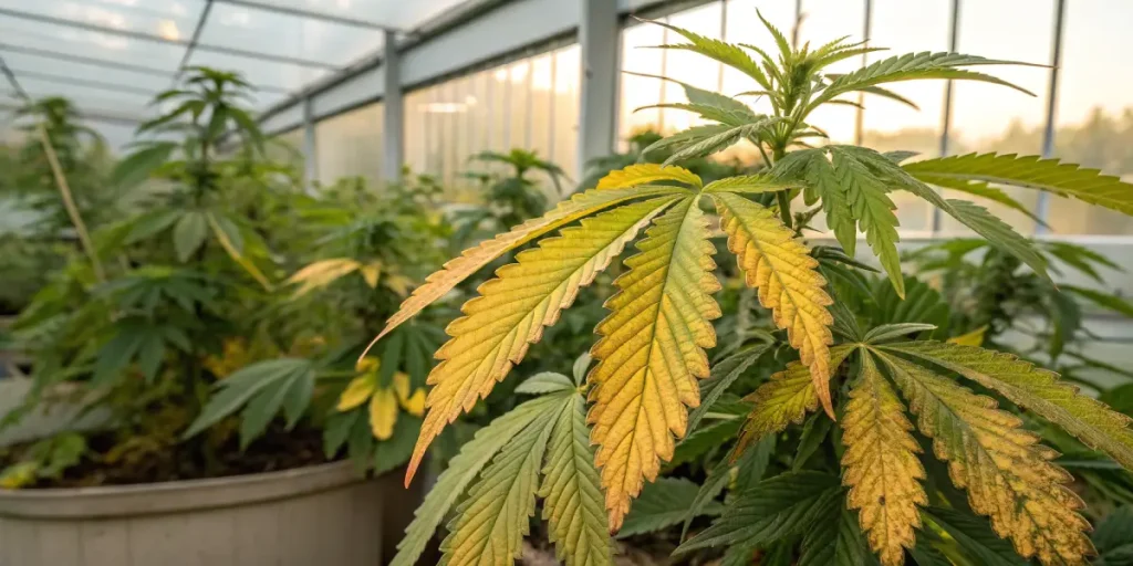 Feuilles de cannabis jaunies indiquant une carence en nutriments en serre