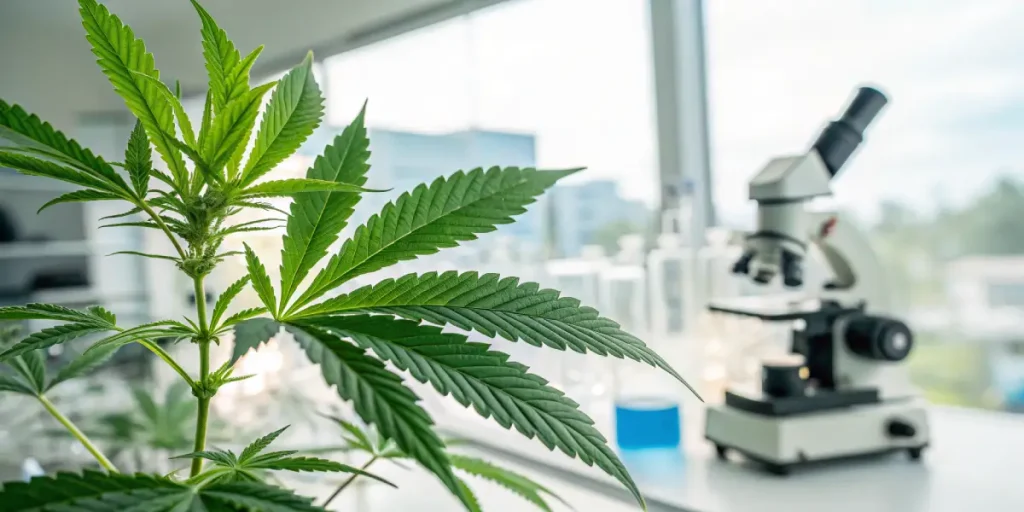 Feuilles cannabis laboratoire avec microscope et équipements scientifiques en arrière-plan