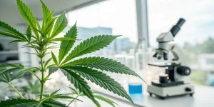 Feuilles cannabis laboratoire avec microscope et équipements scientifiques en arrière-plan