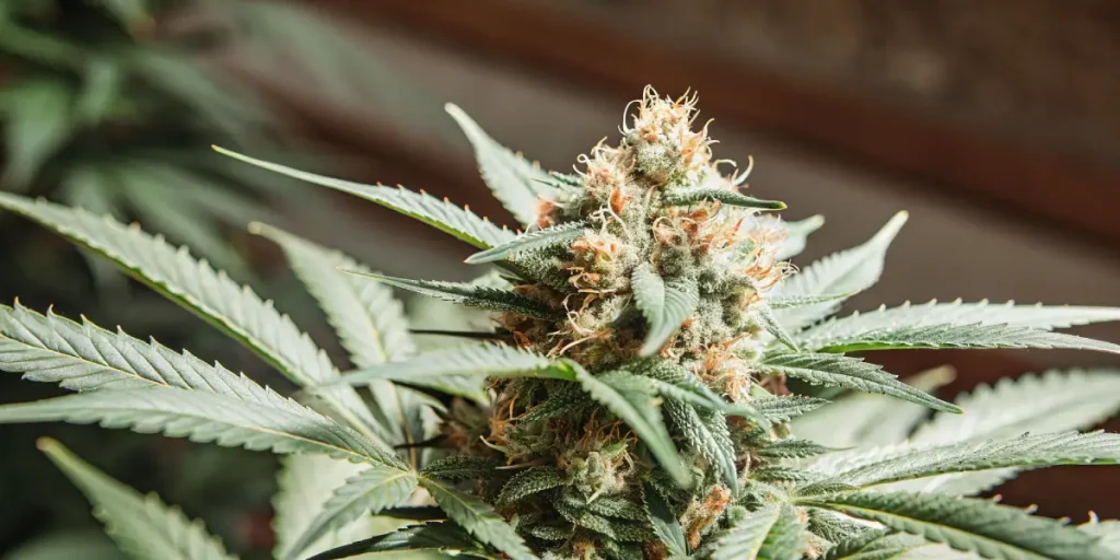 Gros plan d’une fleur de cannabis Cinderella 99 riche en résine cultivée en extérieur.
