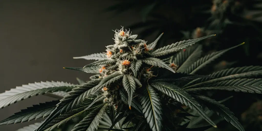 Fleur de cannabis en culture intérieure, photographiée en macro avec feuilles résineuses et pistils visibles.
