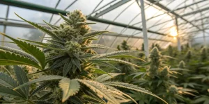 Gros plan sur une fleur de cannabis riche en trichomes dans une serre