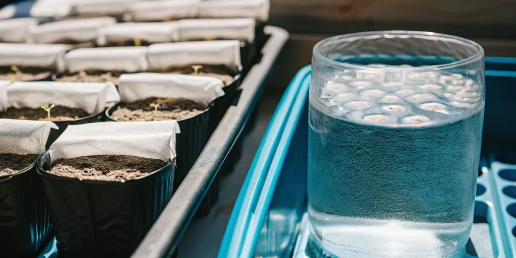Germination Colombian Jack graines dans eau et godets semis.