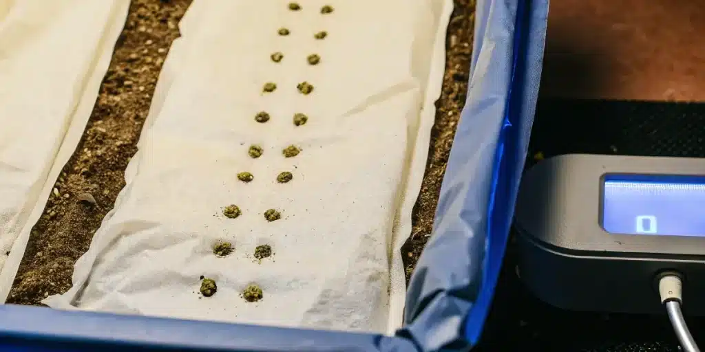 Graines de cannabis en cours de germination dans un bac avec papier humide et conditions contrôlées.