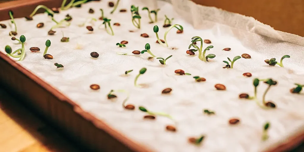 Germination de graines de cannabis sur papier humide avec jeunes pousses vertes en début de développement.