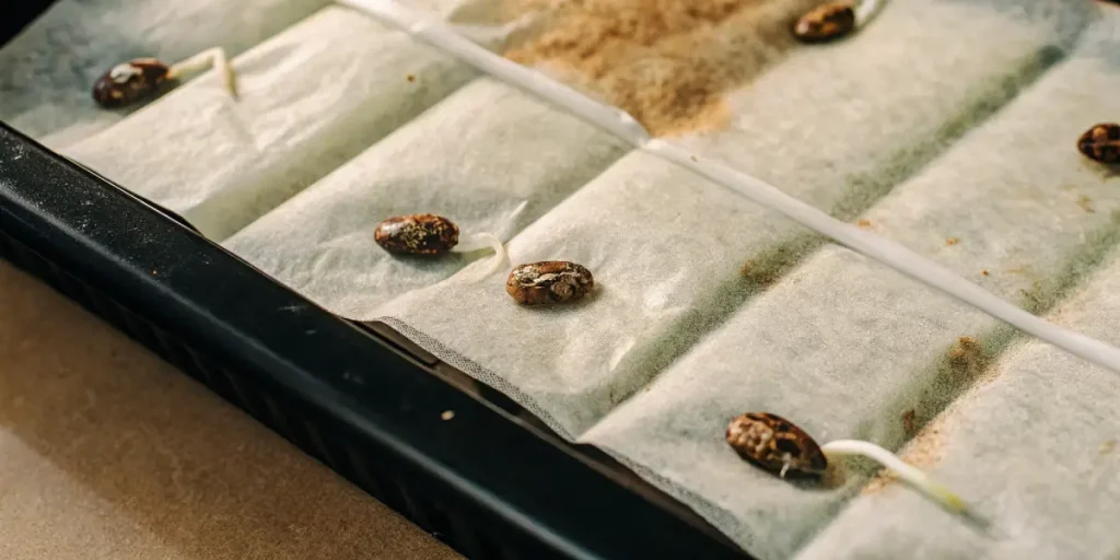 Graines de cannabis en phase de germination sur papier absorbant humide.