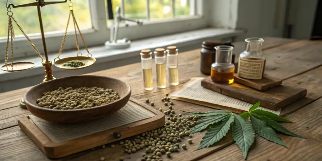 Des graines de cannabis sont soigneusement pesées sur une balance de précision, entourées de flacons contenant des extraits et huiles. Cette scène illustre le processus d’analyse et de contrôle qualité des graines dans un environnement scientifique ou artisanal.