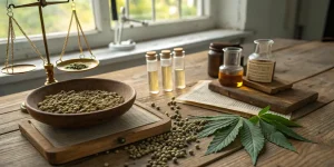 Des graines de cannabis sont soigneusement pesées sur une balance de précision, entourées de flacons contenant des extraits et huiles. Cette scène illustre le processus d’analyse et de contrôle qualité des graines dans un environnement scientifique ou artisanal.