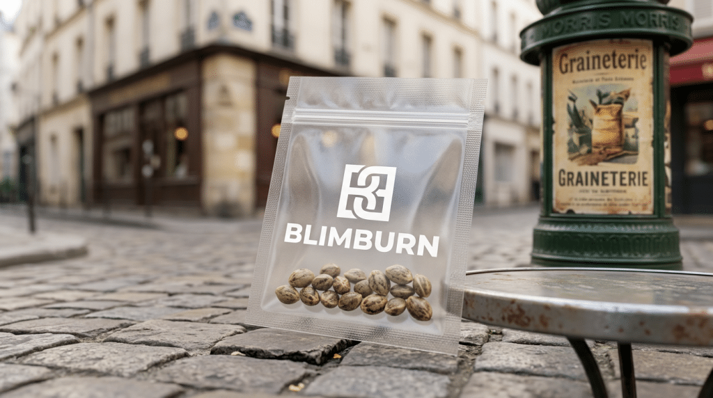 Graines de cannabis à Paris dans un sachet Blimburn posé sur une rue pavée avec décor urbain parisien.