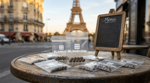 Graines de cannabis à Paris présentées sur une table de café avec des sachets Blimburn et la tour Eiffel en arrière-plan.