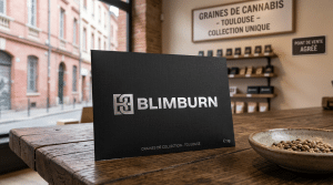 Emballage Blimburn de graines de cannabis dans une boutique inspirée de Toulouse.