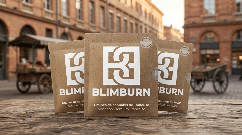 Trois sachets Blimburn de graines de cannabis dans un décor inspiré de Toulouse.