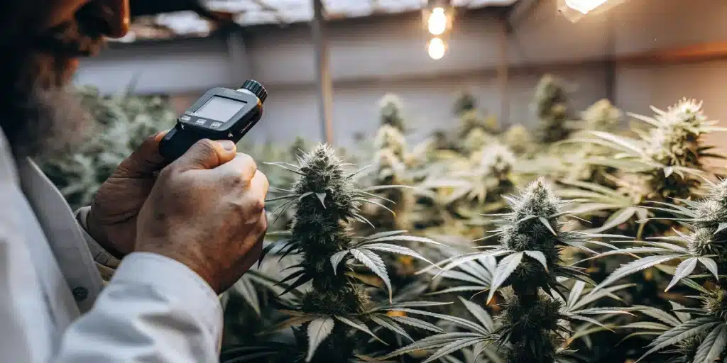 analyse des fleurs de Grapefruit Auto avec un appareil de mesure dans une culture de cannabis en intérieur