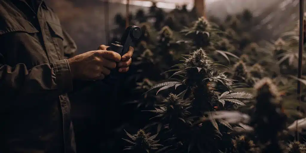 inspection des trichomes de Grapefruit Auto dans une salle de culture intérieure en phase de floraison