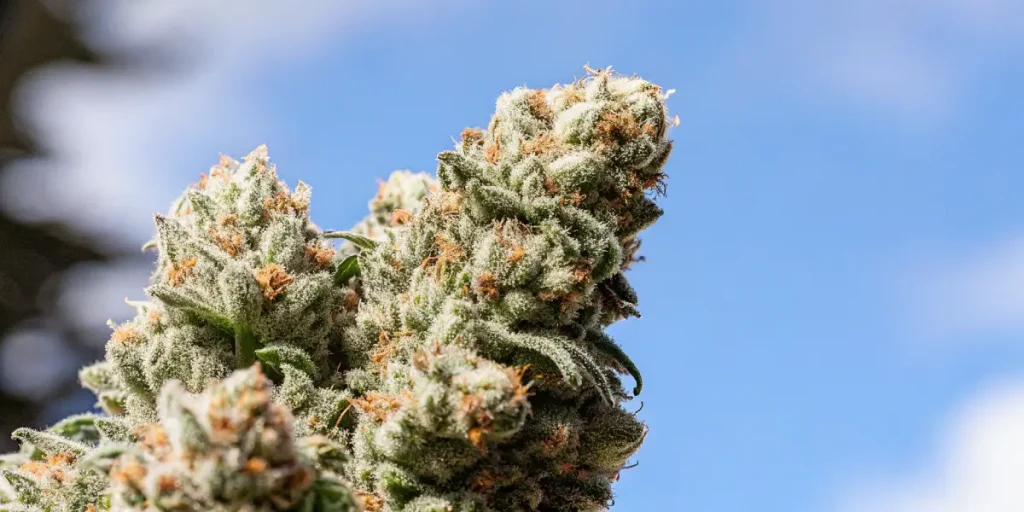 gros plan sur une tête de cannabis résineuse cultivée en extérieur sous le soleil