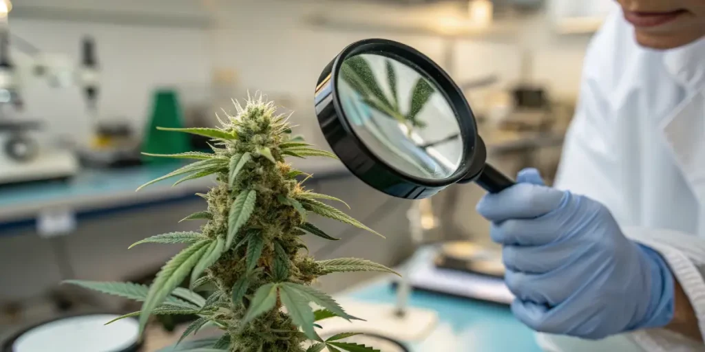 Inspection bourgeon cannabis loupe en laboratoire avec scientifique examinant les trichomes