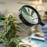 Inspection bourgeon cannabis loupe en laboratoire avec scientifique examinant les trichomes